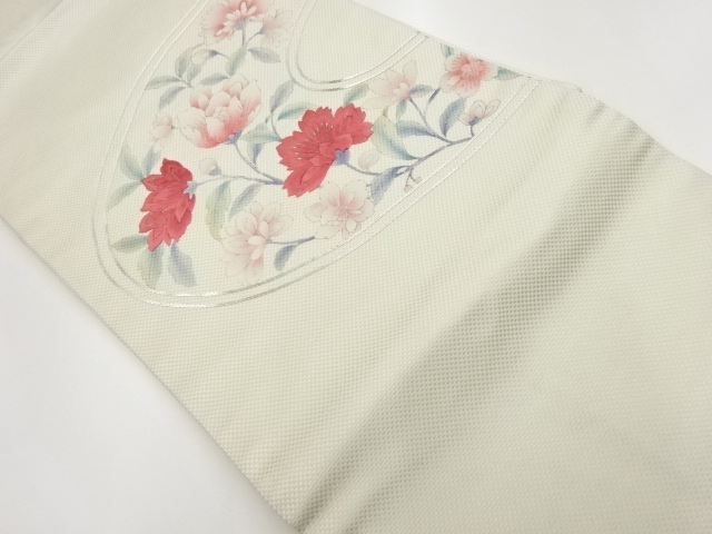 リサイクル　銀駒刺繍花唐草模様名古屋帯